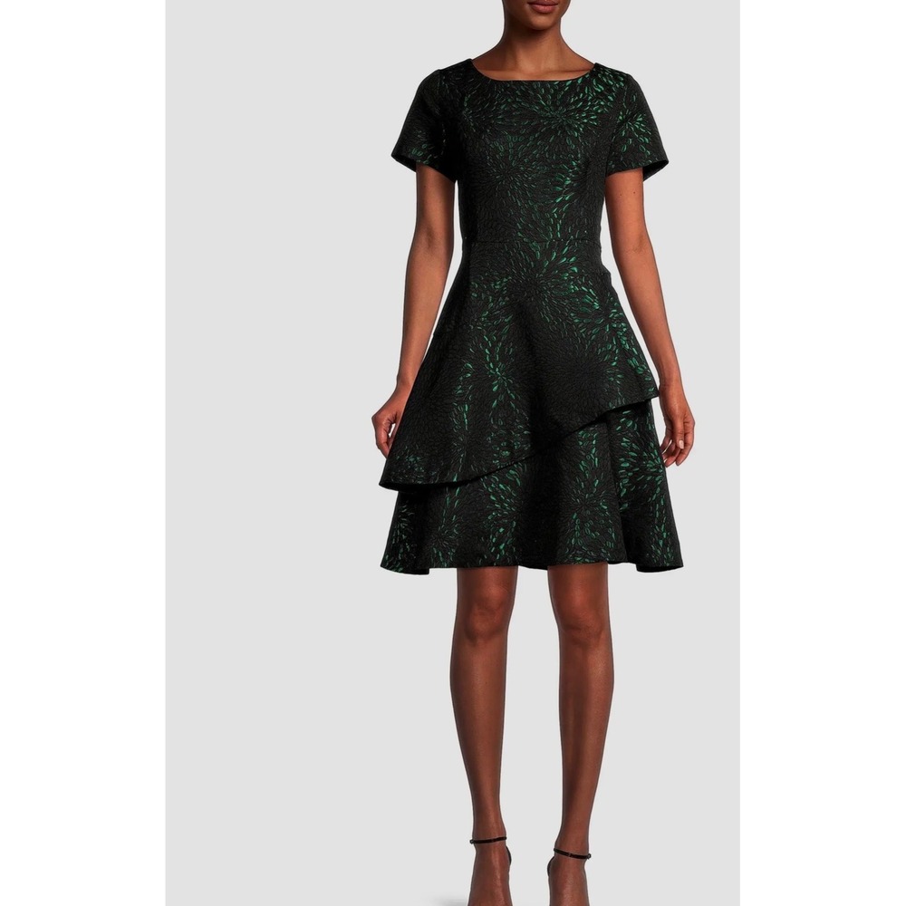 Shani Women Emerald Green Black Floral Jacquard Tiered Fit and Flare Dress 10